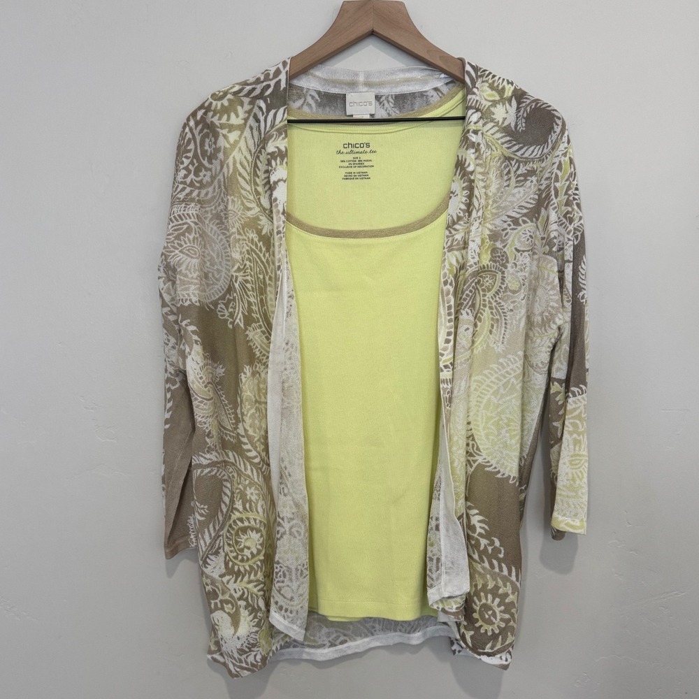 Chicos Set Yellow Paisley Cardigan and Ultimate Tee Tank Top XL Size 3 Boho
